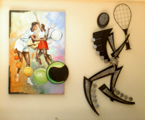 Tennis Installation: Steel and painting on canvas Style: Modern Theme: Sports African Installation Art Piece by Kenyan Artist.