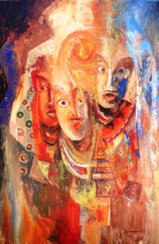 Blue red faces Painting: Acrylic on canvas The piece combined pallete knife and brush techniques. Style: Expressionism Theme: Culture painting by Kenyan artist